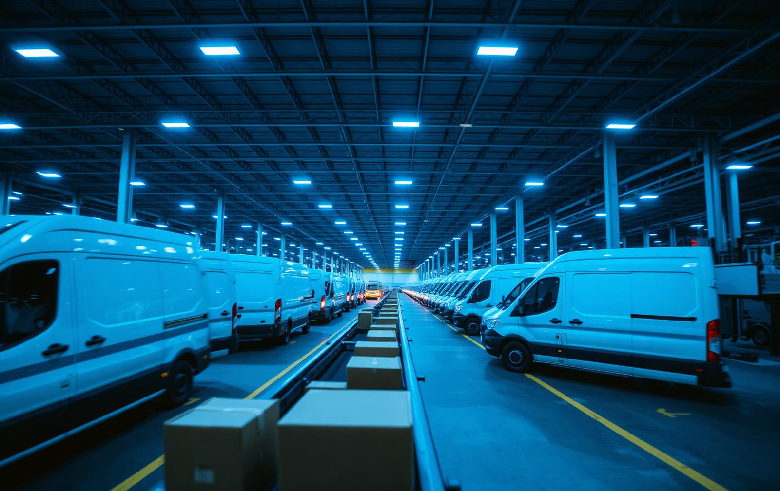 Parcels moving along a conveyor belt inside a brightly lit distribution centre at dusk