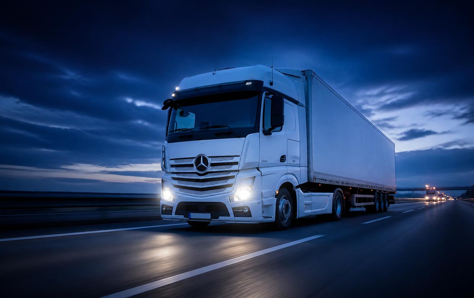 Freight truck moving along a highway at dusk